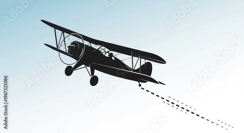 Biplane silhouette flying in the sky with a dotted line trail.