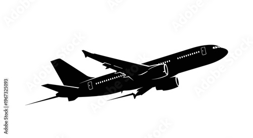 Silhouette of a commercial airplane taking off against a white background.