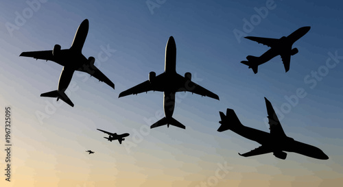 Silhouettes of multiple airplanes flying in a clear sky at sunset.