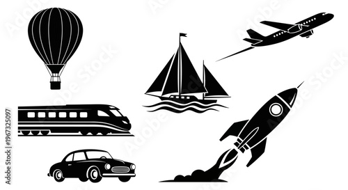 Collection of various transportation modes including air, land, and sea vehicles in silhouette form.