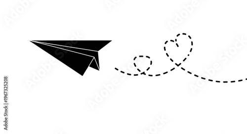 Black paper airplane flying along a dotted heart path symbolizing love and travel.
