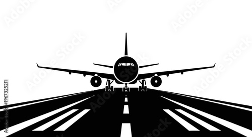 Commercial airplane ready for takeoff on a runway, front view, black and white illustration.
