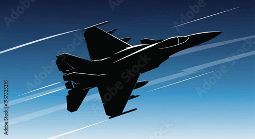 Silhouette of a fighter jet soaring through the blue sky with contrails.