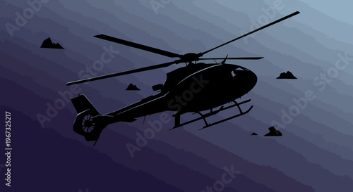 Silhouette of a helicopter flying in a dark sky with other objects.