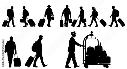 Silhouettes of travelers with luggage and a bellhop with a baggage cart.