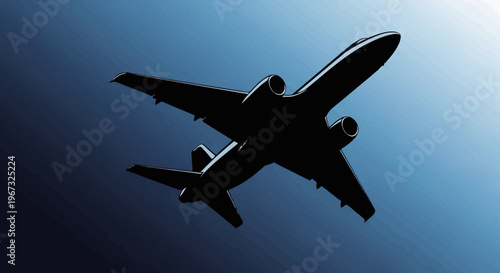 Silhouette of a jet airplane flying against a blue sky, viewed from below.