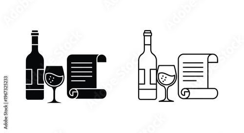 Drink and document icons depicted in a stark black silhouette