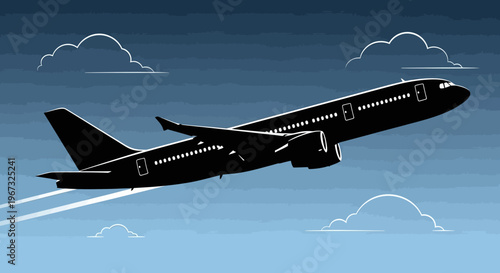 Commercial airplane taking off into the blue sky with clouds, leaving a white trail behind it.