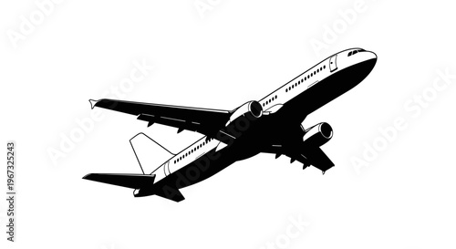 Commercial airplane taking off, isolated on white background, side view, black and white illustration.