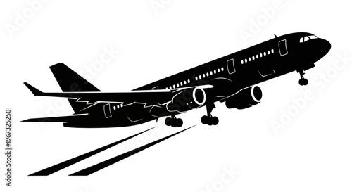 Commercial jet airplane taking off vector silhouette illustration.