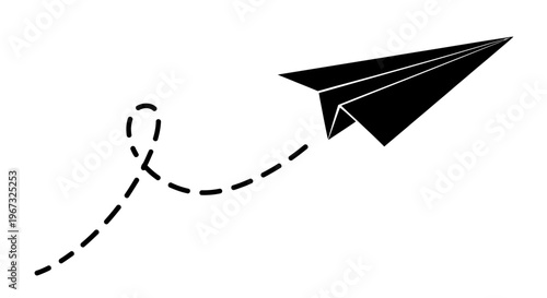 Black paper airplane flying with a dashed line path, symbolizing communication and journey.