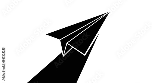 Black paper airplane flying upwards on a white background.