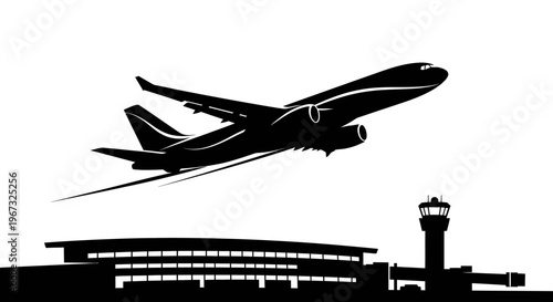 Commercial airplane taking off from a modern airport terminal with control tower.