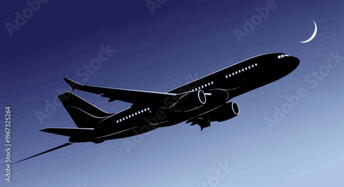 Commercial airplane taking off at night with a crescent moon in the sky.