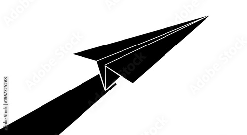 Black paper airplane flying upwards on a white background.