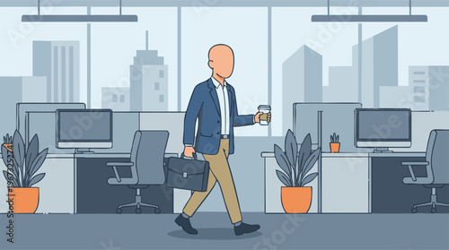 Professional businessman walking in a modern office with briefcase and coffee