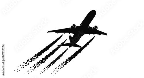 Silhouette of a jet airplane taking off with exhaust trails.