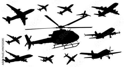 Silhouettes of various aircraft including airplanes and helicopters in flight.