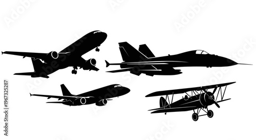 Silhouettes of various aircraft including commercial, fighter, and biplane.