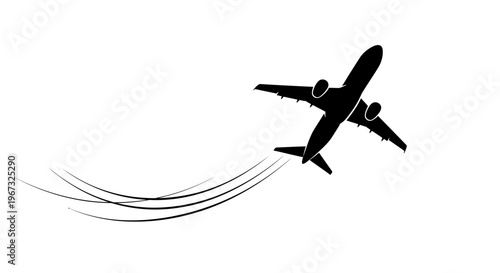 Black silhouette of an airplane taking off with a trail, isolated on a white background.