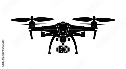 Black silhouette of a modern drone with camera on white background.