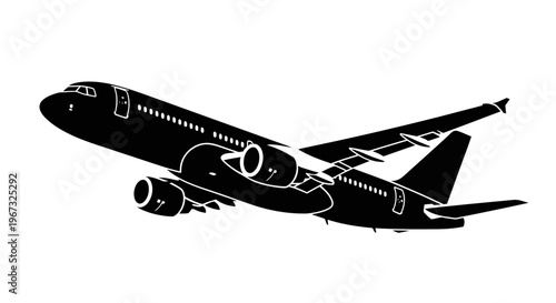 Black silhouette of an airplane taking off against a white background.