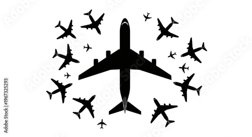 Silhouette of a large airplane surrounded by smaller airplanes flying in formation.