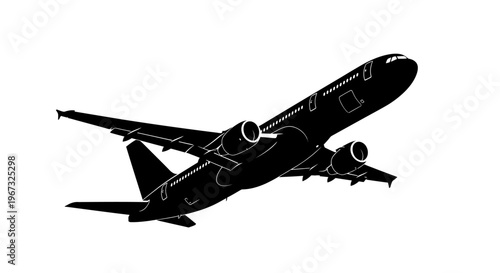 Black silhouette of a large passenger airplane taking off against a clean white background.
