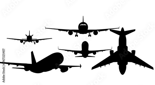 Silhouettes of various airplanes in different orientations against a white background.