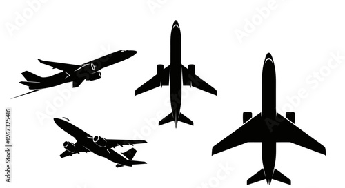 Silhouettes of various airplanes in different flight positions.
