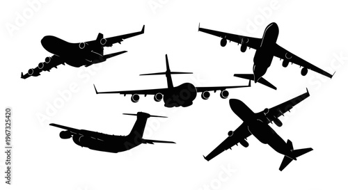 Silhouettes of various airplanes in flight against a white background.