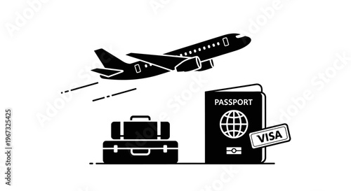 Travel essentials - passport, visa, luggage, and airplane for international journey.