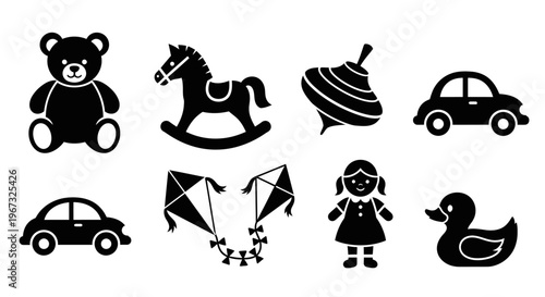 Collection of classic childrens toys in silhouette style.