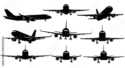 Collection of Airplane Silhouettes in Various Flight Positions.