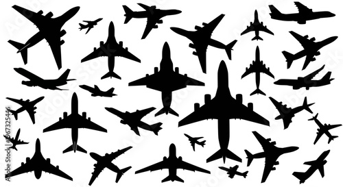 Collection of diverse airplane silhouettes representing air travel.