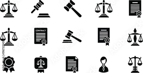 Set of black and white icons representing justice, law, and legal documents, including scales, gavel, contract, and judge illustrations