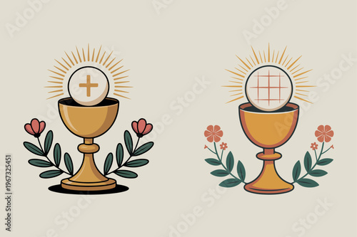 Two golden chalices with communion wafers and floral accents