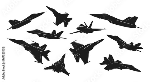 Silhouettes of various fighter jets in flight against a white background.