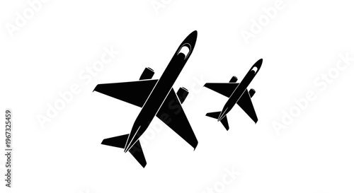 Two airplanes flying in the sky, black and white illustration.