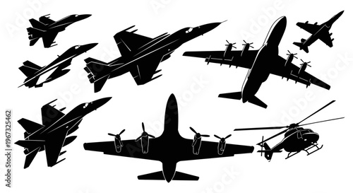 Collection of military aircraft silhouettes including fighter jets and bombers.
