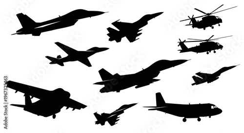 Silhouettes of various military aircraft and helicopters in flight.