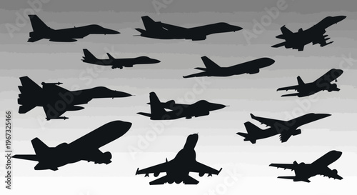 Silhouettes of various military fighter jets and aircraft in flight.