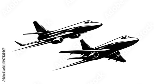 Two airplanes flying in the sky, black and white illustration.