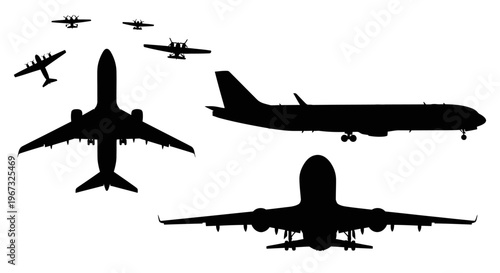 Collection of airplane silhouettes in various positions and sizes, isolated on a white background.