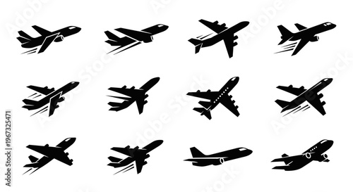 Collection of airplane silhouettes taking off and landing.
