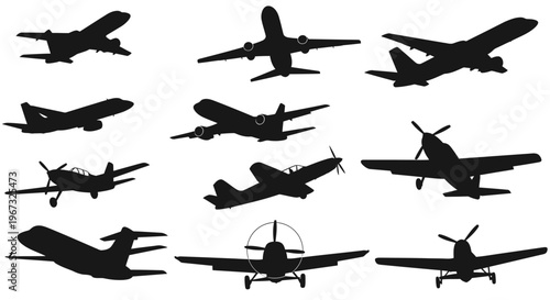 Collection of diverse airplane silhouettes in various flight positions.