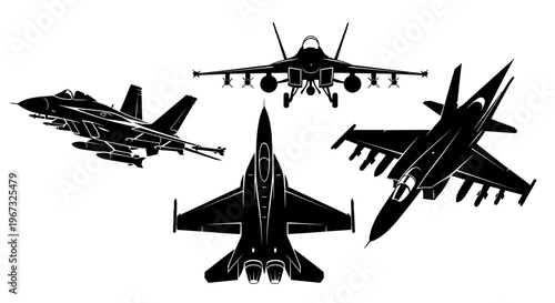 Silhouettes of various military fighter jets in different aerial perspectives.