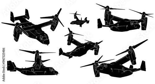 Collection of military tiltrotor aircraft silhouettes in various flight positions.