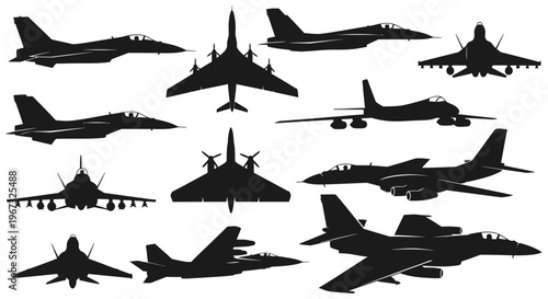 Silhouettes of various military fighter jets and aircraft in flight.