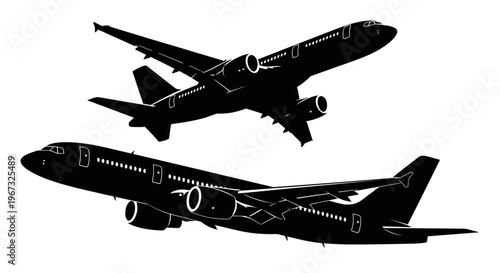 Two airplanes in flight, a striking silhouette against a white background, capturing the essence of air travel and aviation.